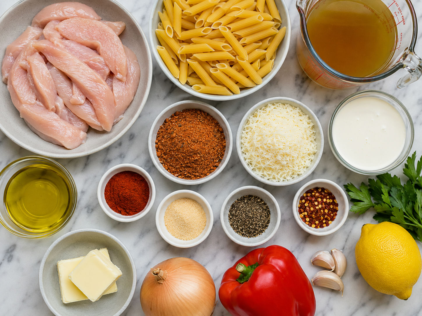 Ingredients for Creamy Cajun chicken pasta on a wooden counter