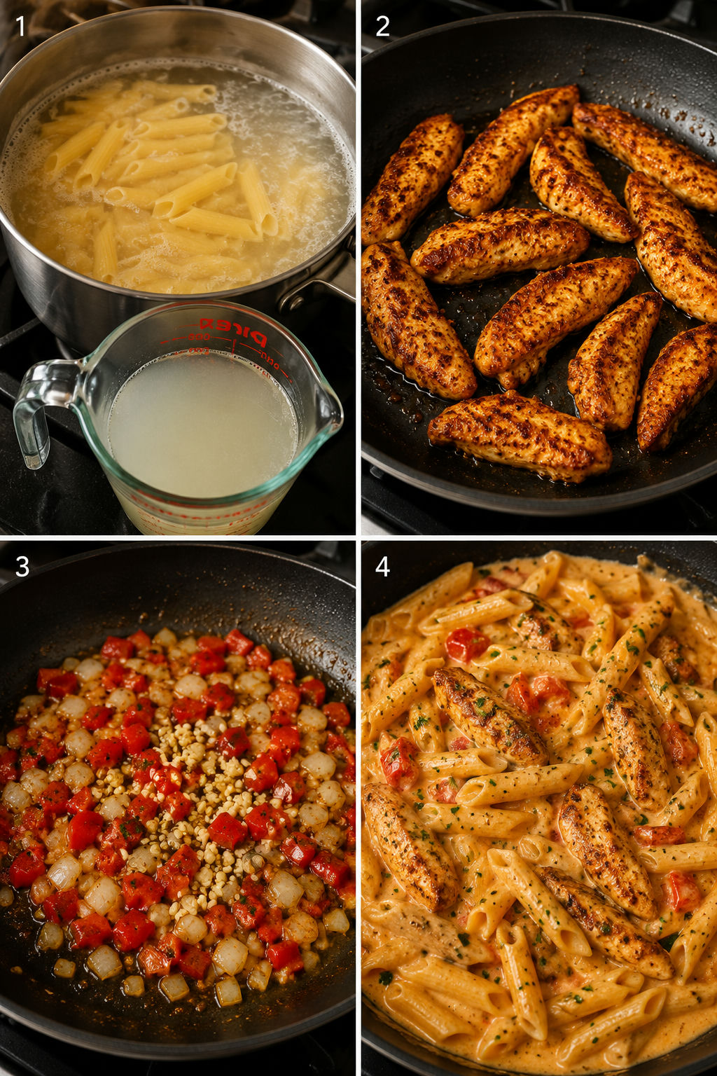 Four cooking steps for Creamy Cajun chicken pasta