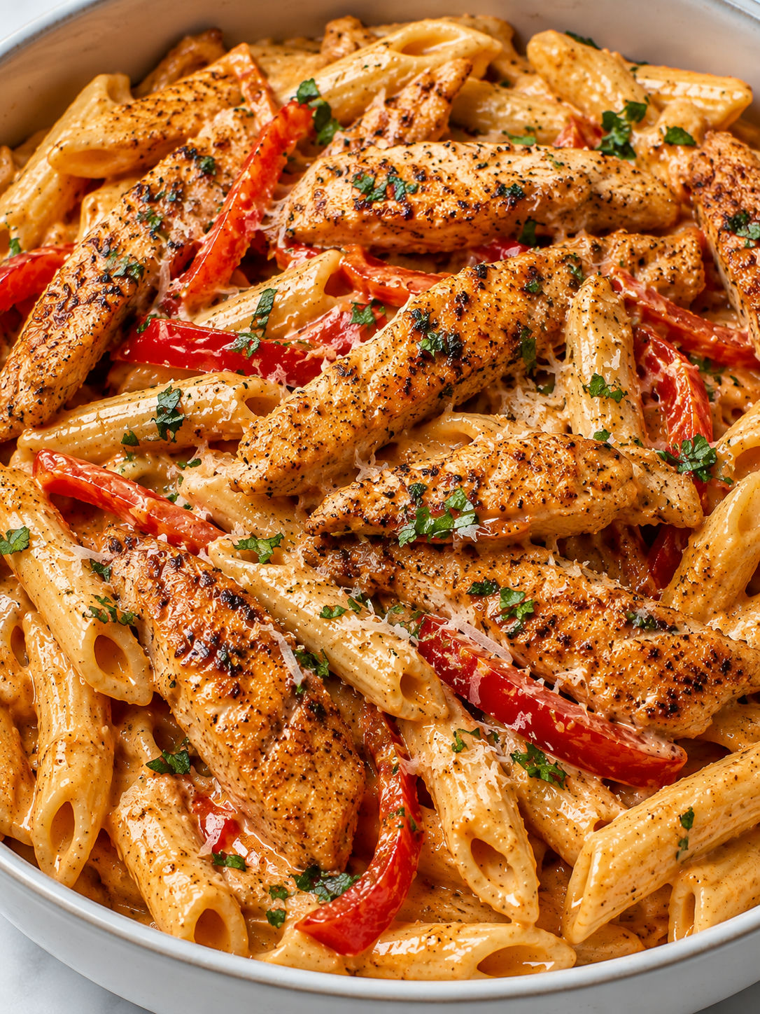 Creamy Cajun chicken pasta filling a bowl with Parmesan and parsley
