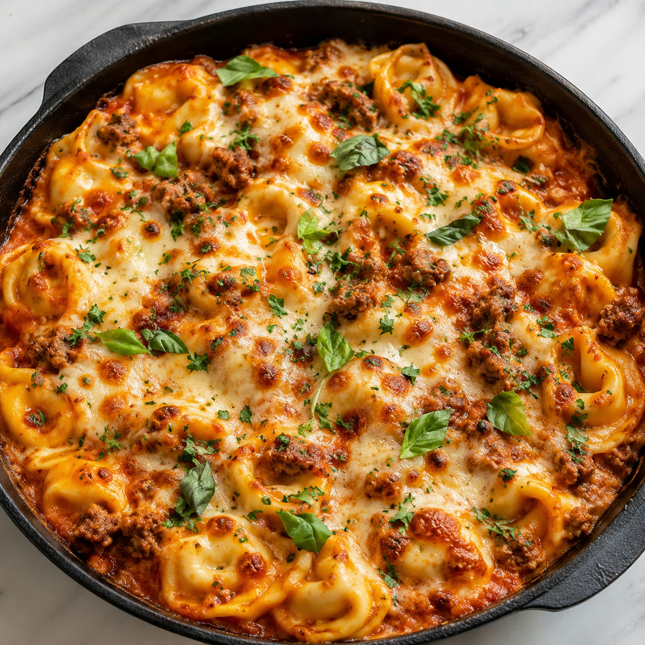 Creamy baked tortellini skillet with sausage, melted mozzarella, and basil