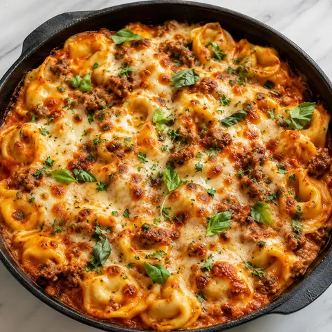 Creamy baked tortellini skillet with sausage, melted mozzarella, and basil