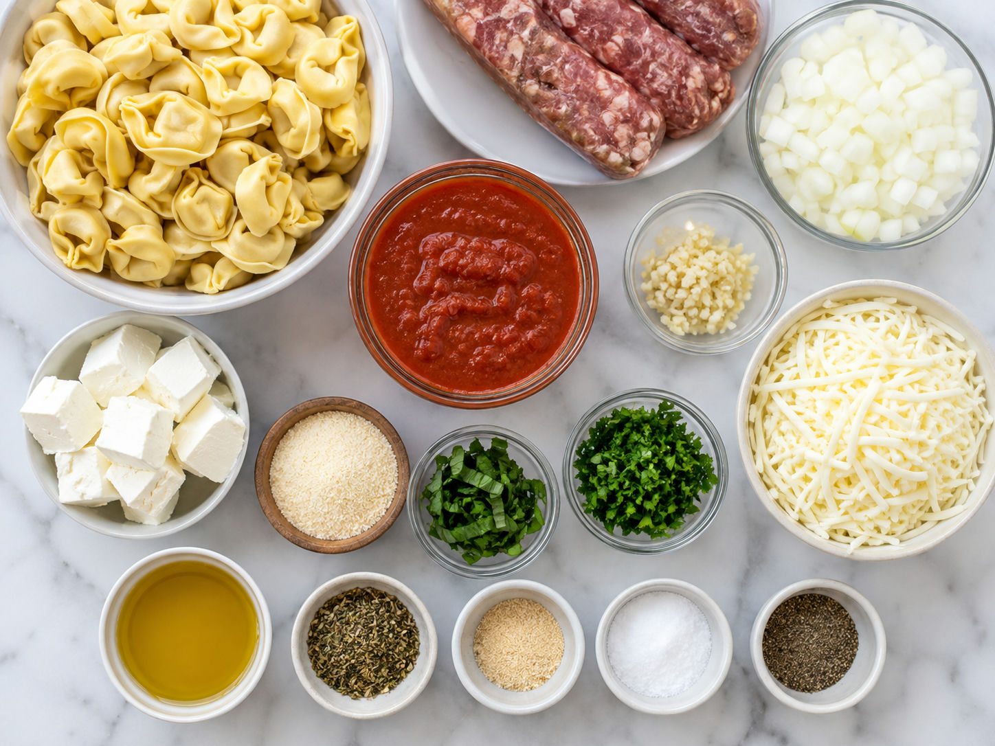 Ingredients for creamy baked tortellini skillet with sausage and cheese