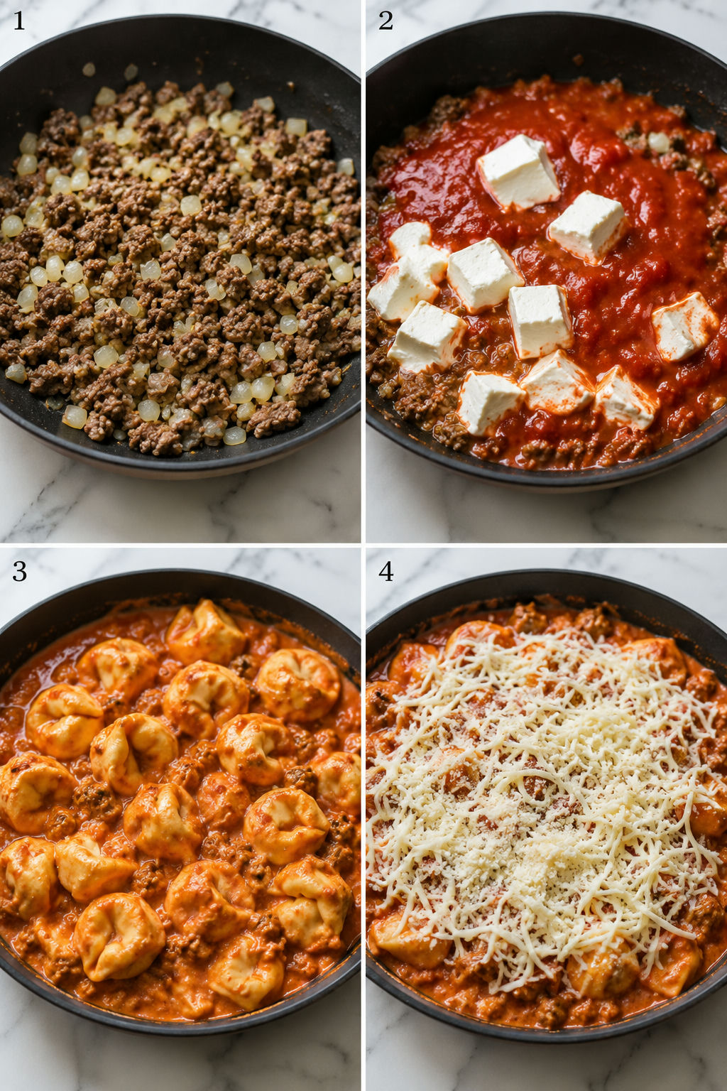Four cooking steps for creamy baked tortellini skillet