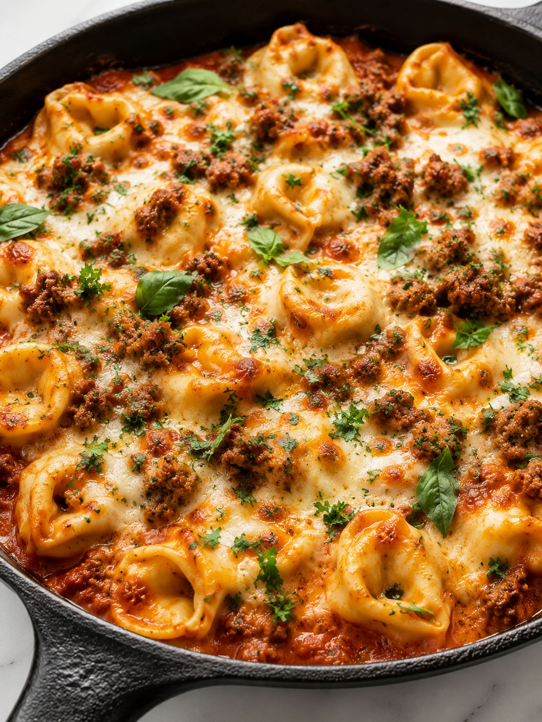 Creamy cheesy baked tortellini skillet with sausage and herbs