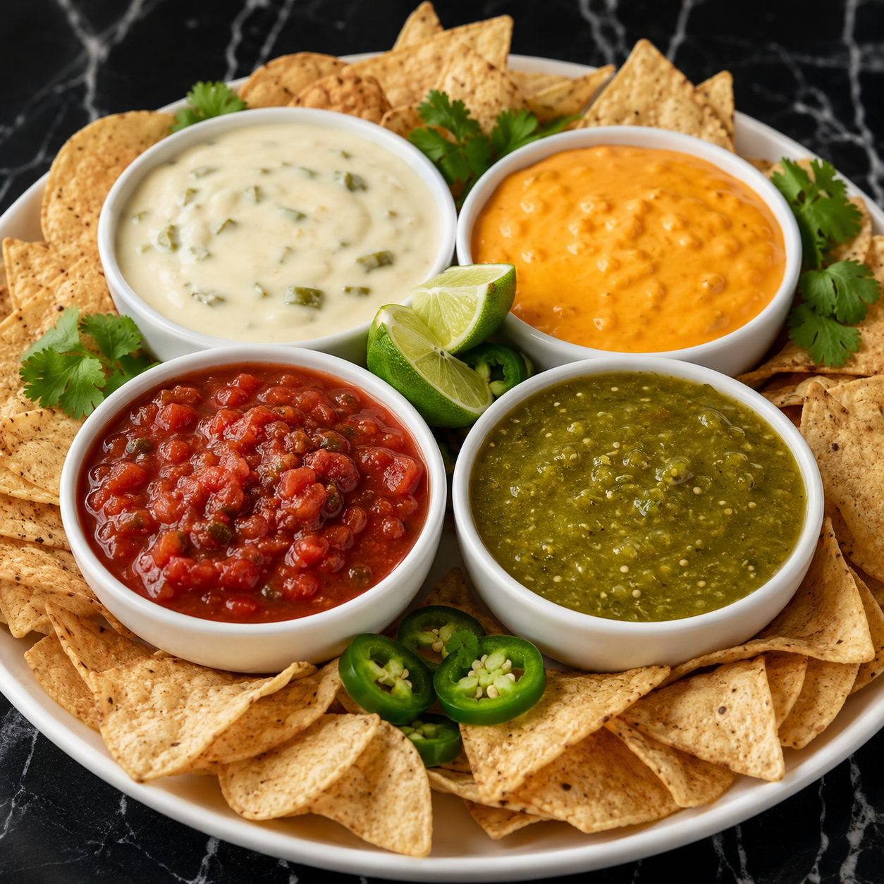 Restaurant-style queso and salsa dip platter with chips and lime