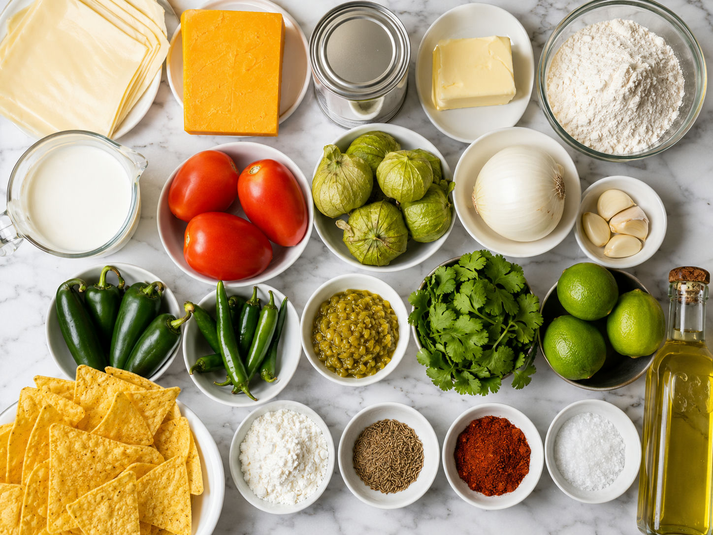 Ingredients for queso dips and roasted salsas on a wooden surface