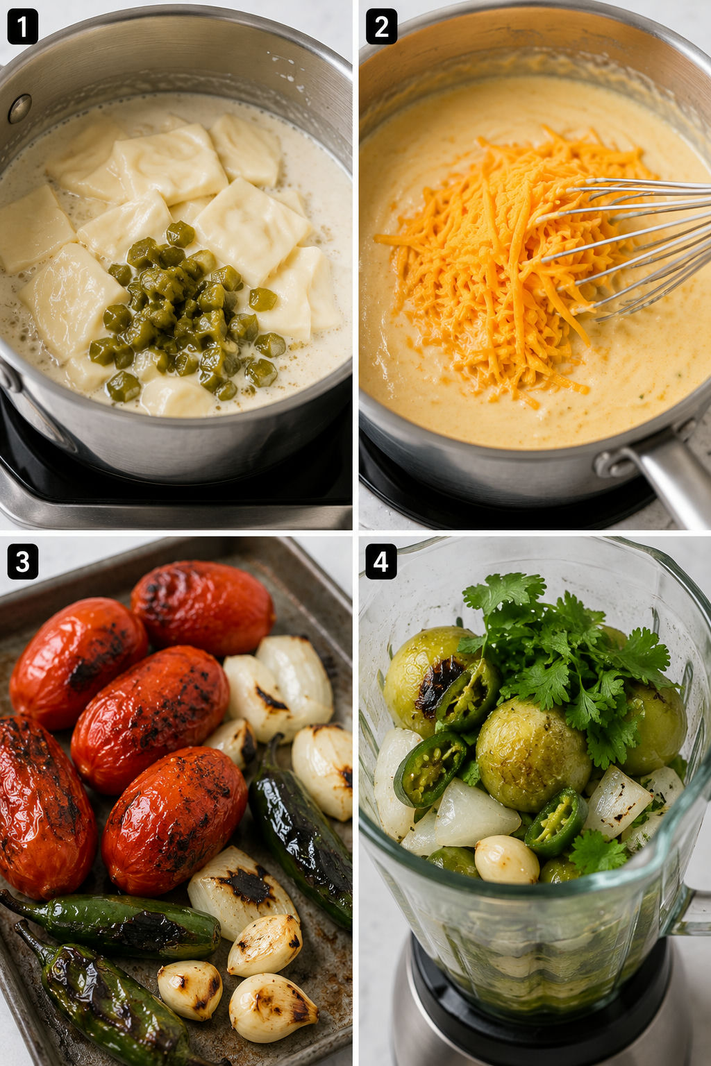 Four cooking steps for queso dips, red salsa, and salsa verde