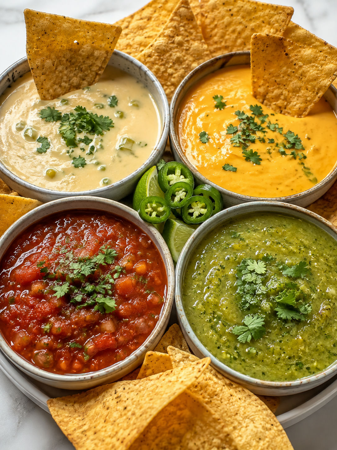 Queso and salsa dip platter with tortilla chips, cilantro, and lime