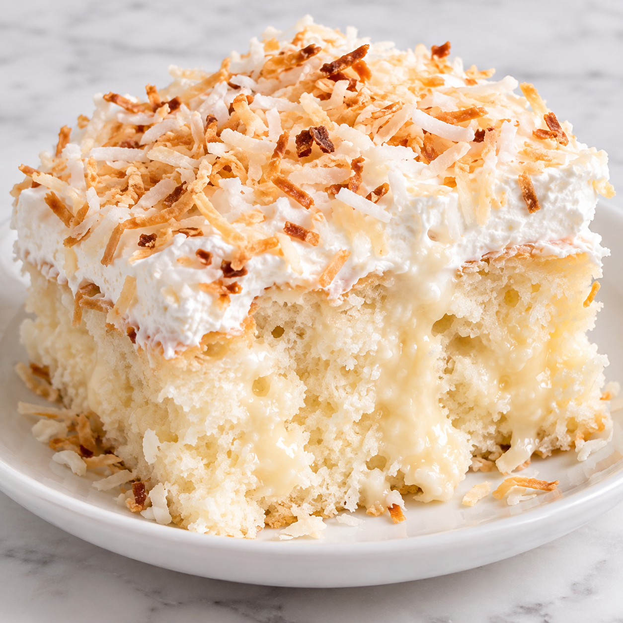 Creamy coconut cake slice with whipped topping and toasted coconut