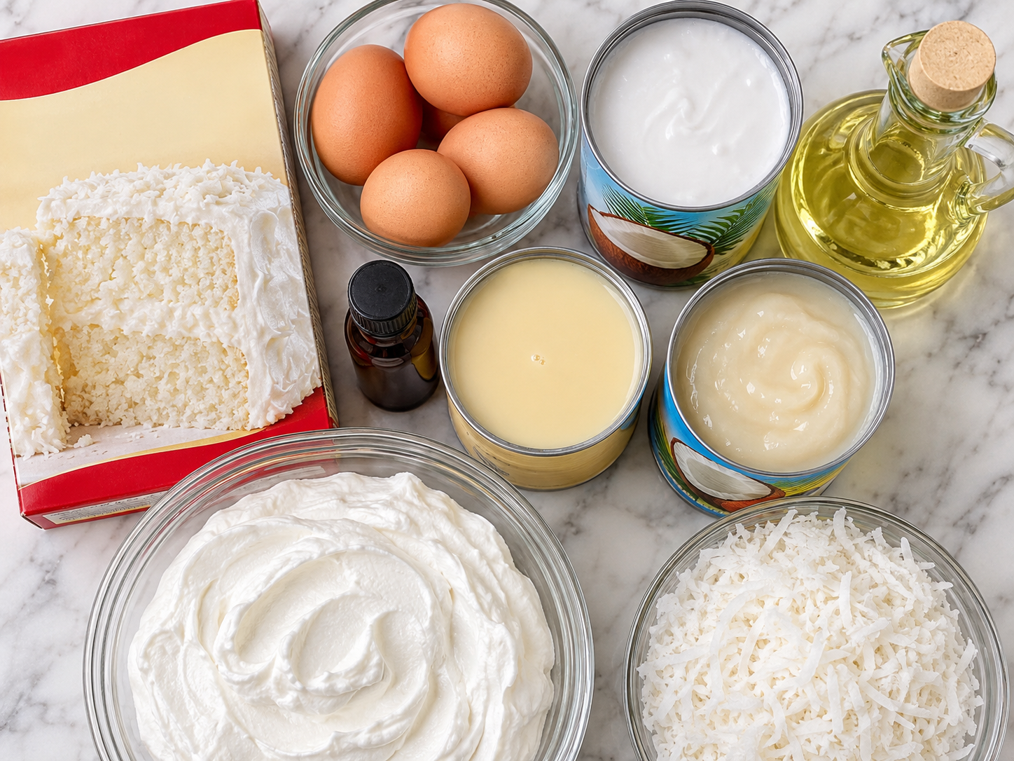 Ingredients for creamy coconut cake on a light wooden surface