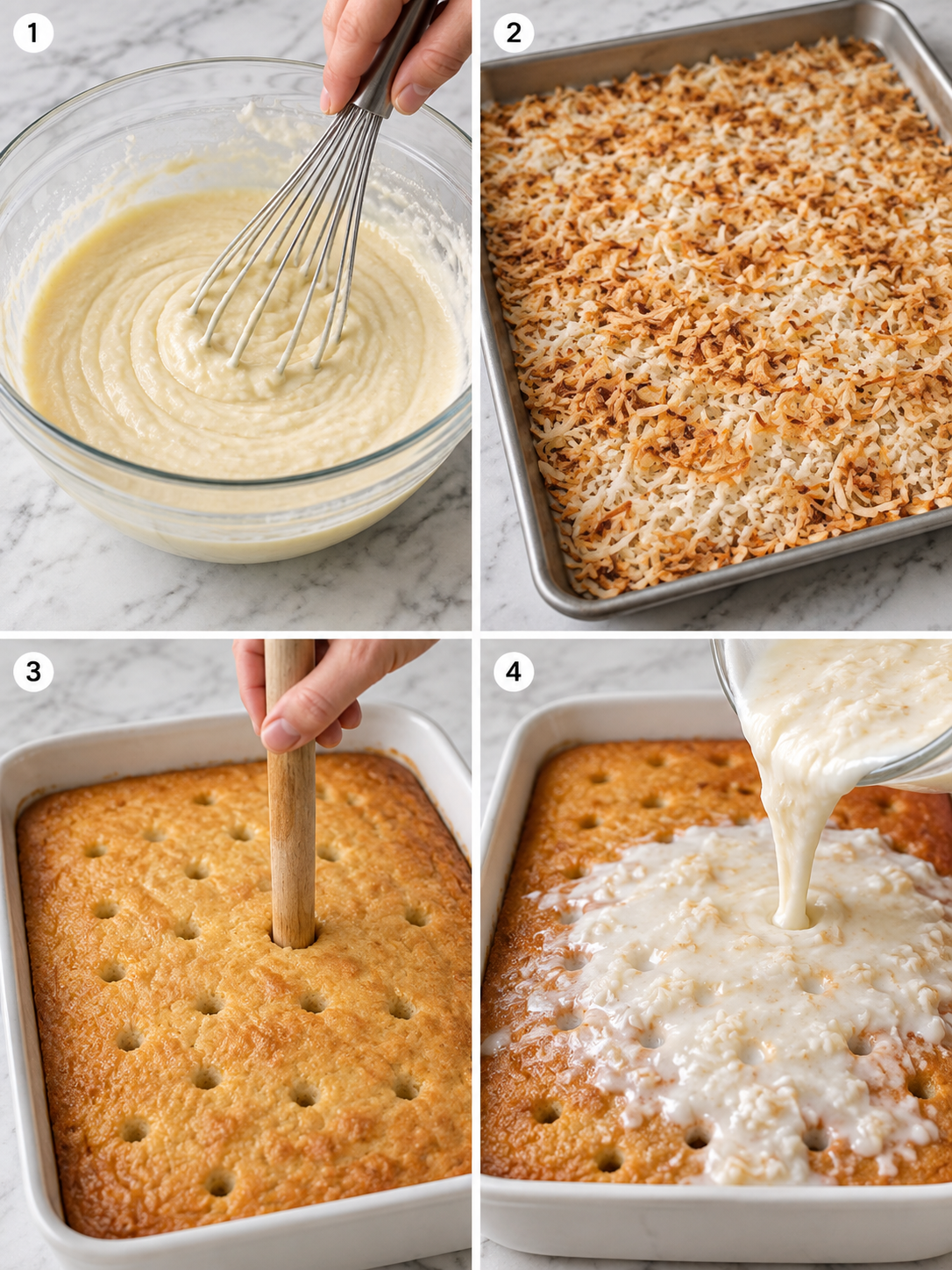 Steps for making creamy coconut cake with toasted coconut and coconut soak