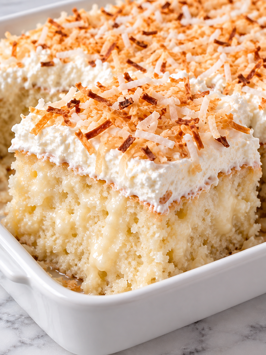 Creamy coconut cake slice lifted from a pan with toasted coconut topping