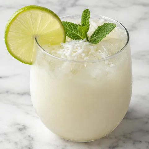 Creamy coconut limeade with lime, mint, and ice in a clear glass