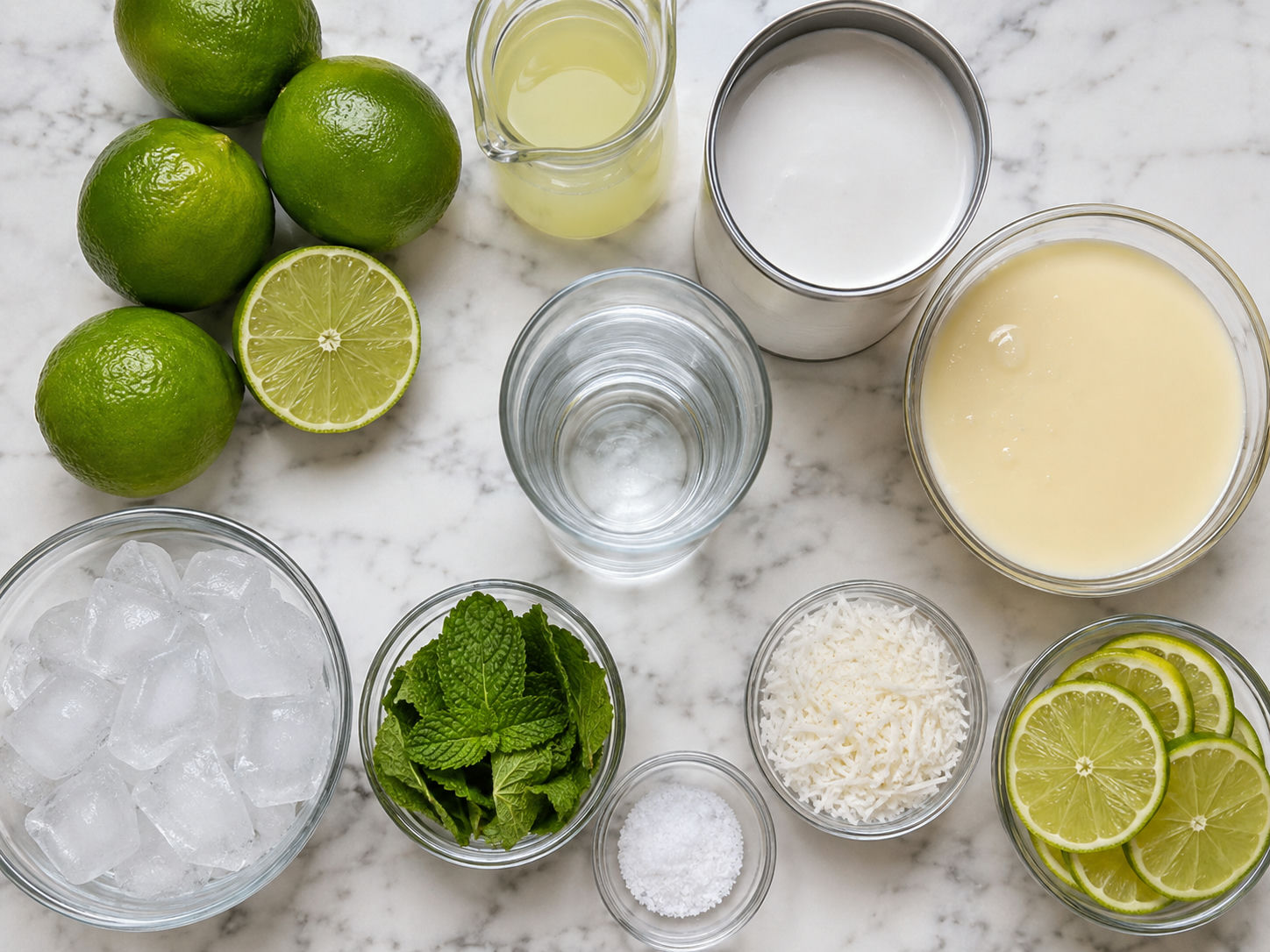 Ingredients for creamy coconut limeade with limes, coconut milk, mint, and ice