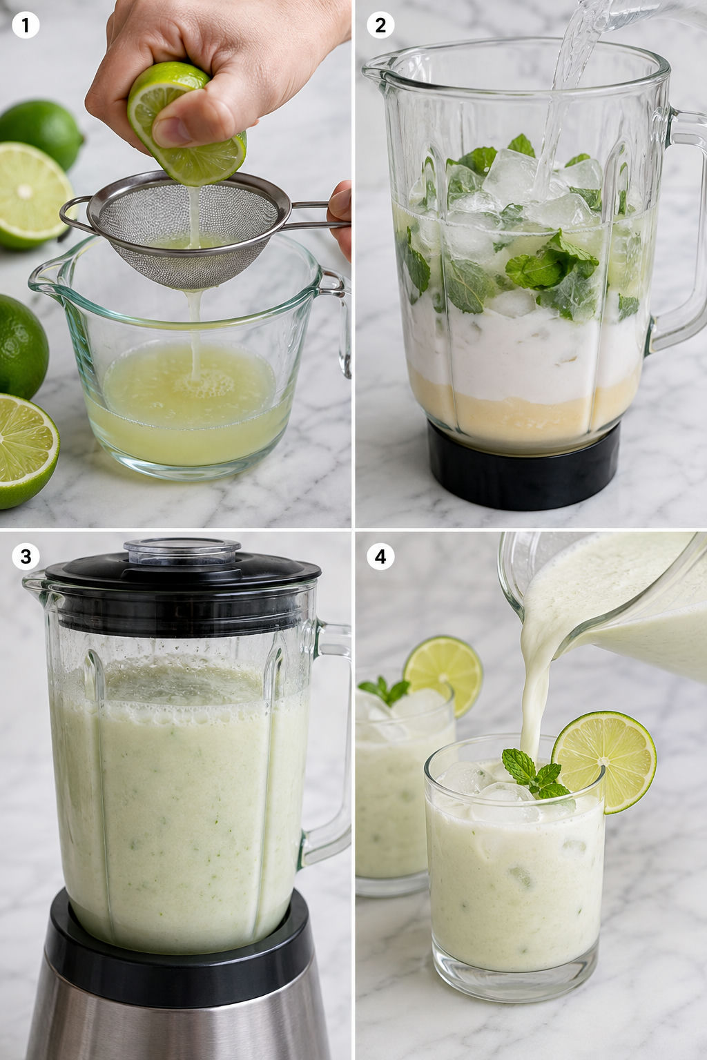 Four steps for making creamy coconut limeade in a blender