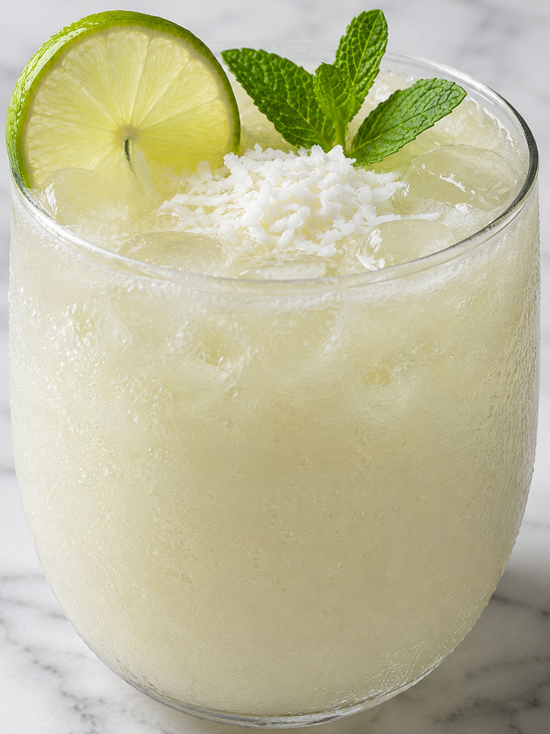 Creamy coconut limeade over ice with lime wheel, mint, and coconut