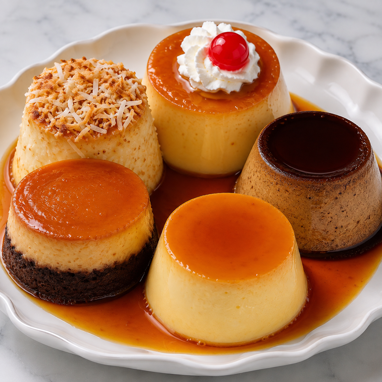 Assorted caramel flans with coconut, coffee, chocoflan, and Japanese purin