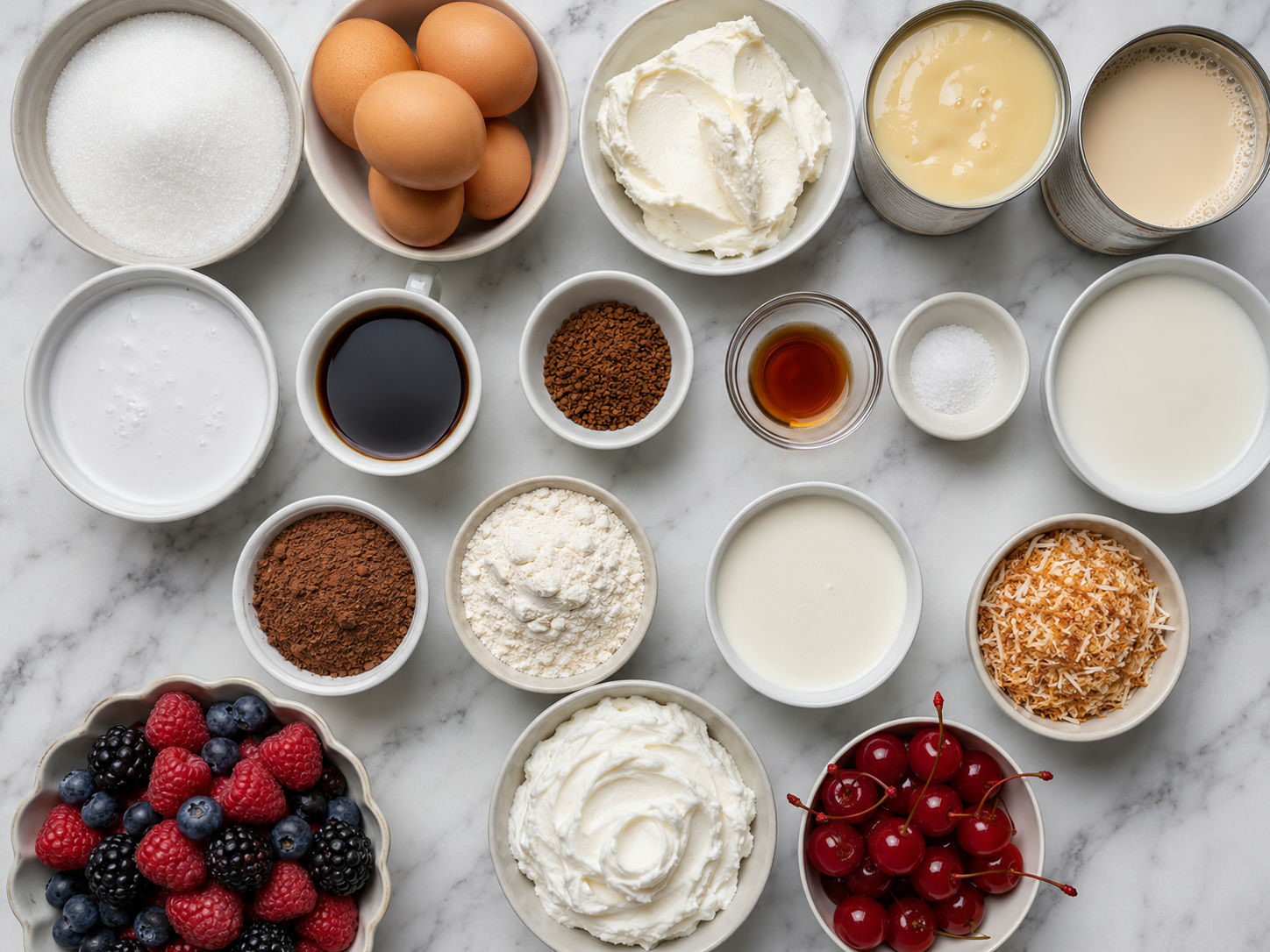 Ingredients for assorted creamy flans with eggs, milk, coconut, coffee, and cocoa
