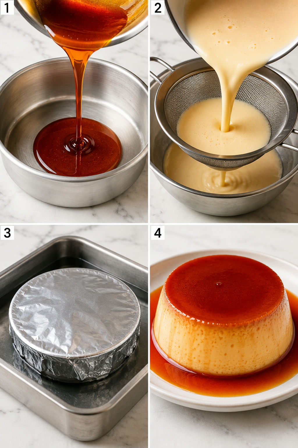 Four steps for making caramel flan from caramel to unmolding
