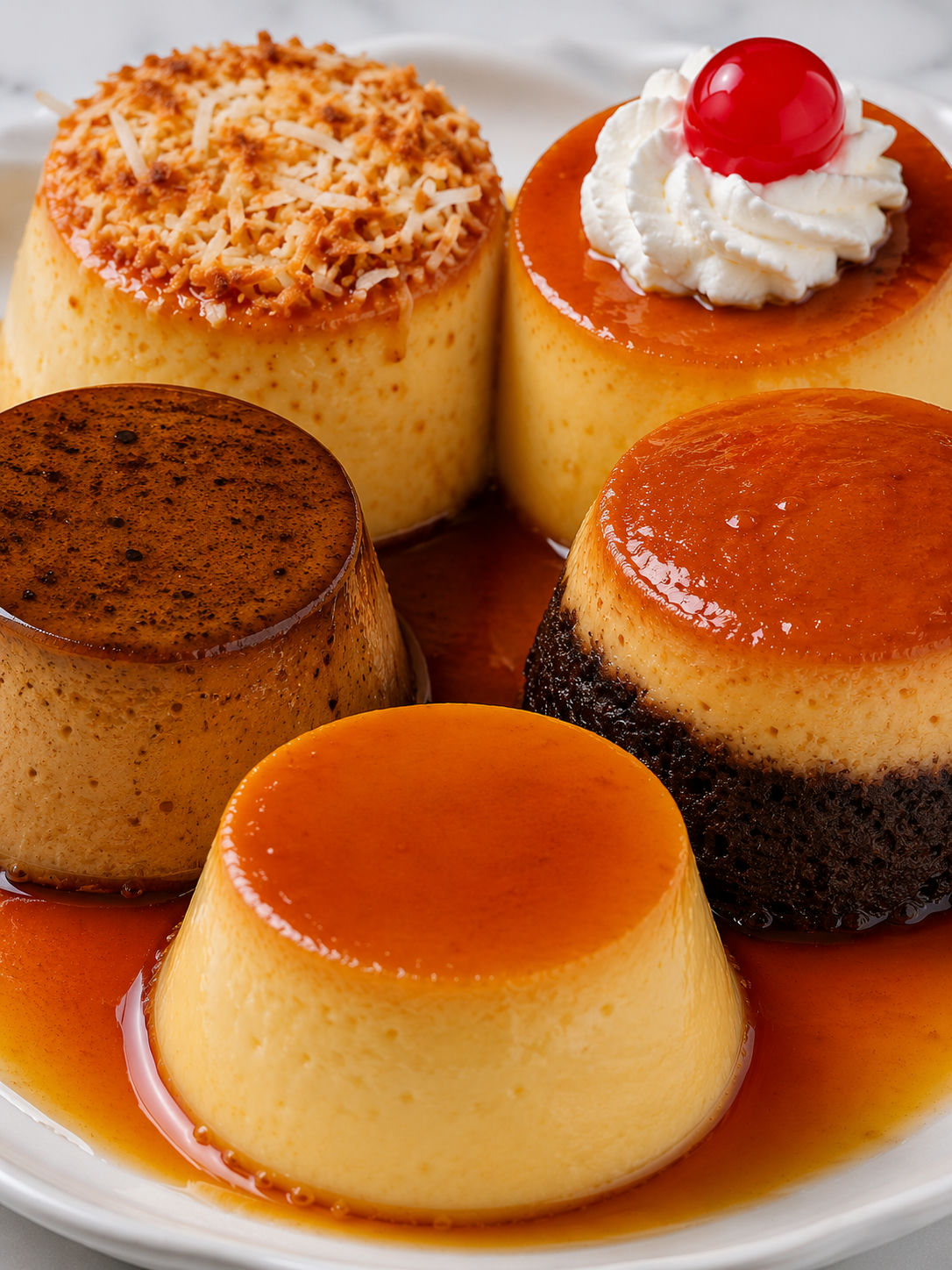 Creamy caramel flan slices with coconut, coffee, chocoflan, and purin
