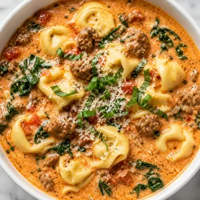Creamy Italian sausage tortellini soup with spinach and Parmesan