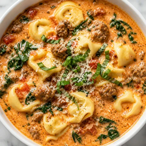 Creamy Italian sausage tortellini soup with spinach and Parmesan