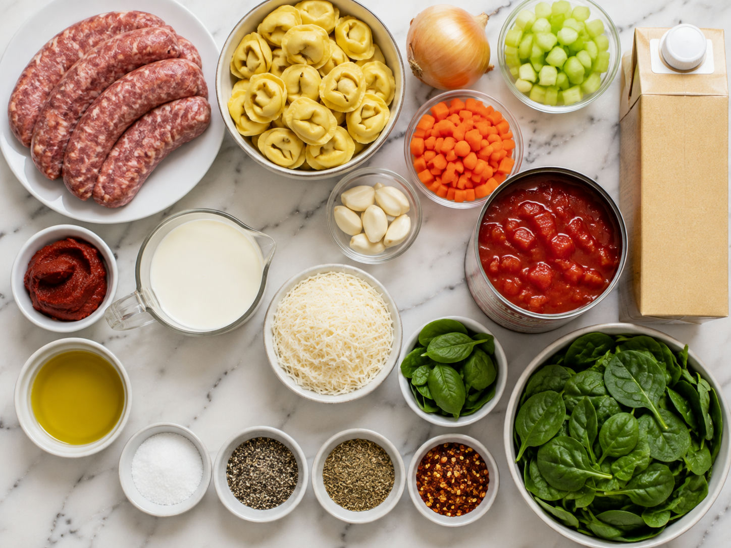 Ingredients for creamy Italian sausage tortellini soup on a wooden counter