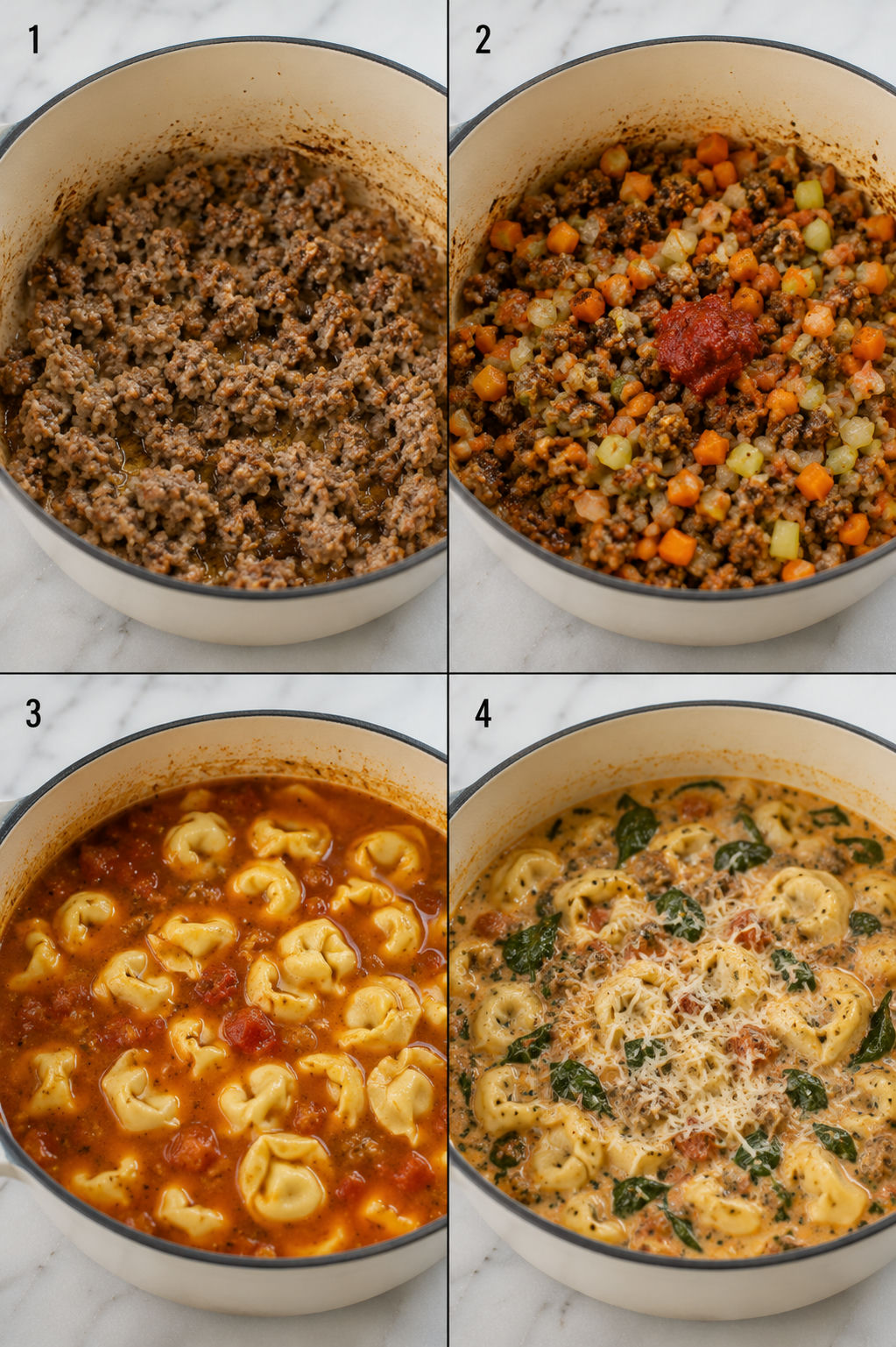 Four cooking steps for creamy Italian sausage tortellini soup