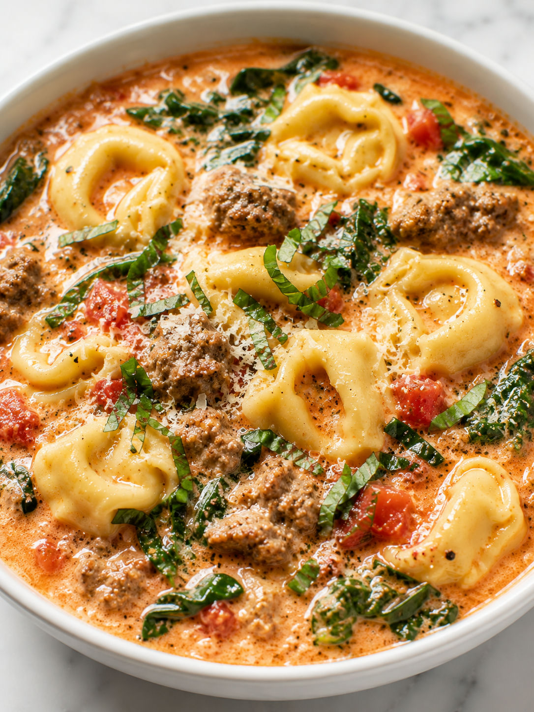 Bowl of creamy Italian sausage tortellini soup with basil and Parmesan