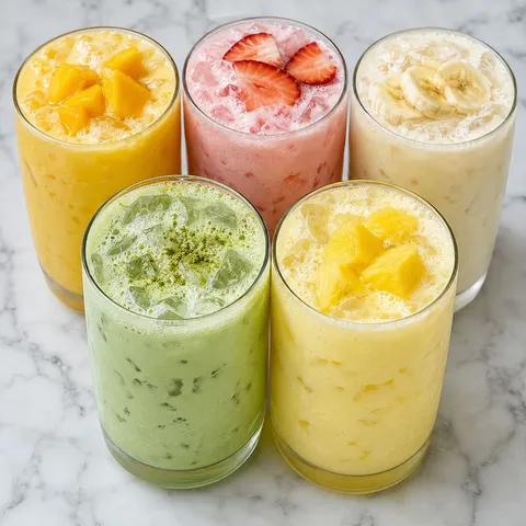 Five creamy fruit refreshers in chilled glasses with ice and fruit garnish