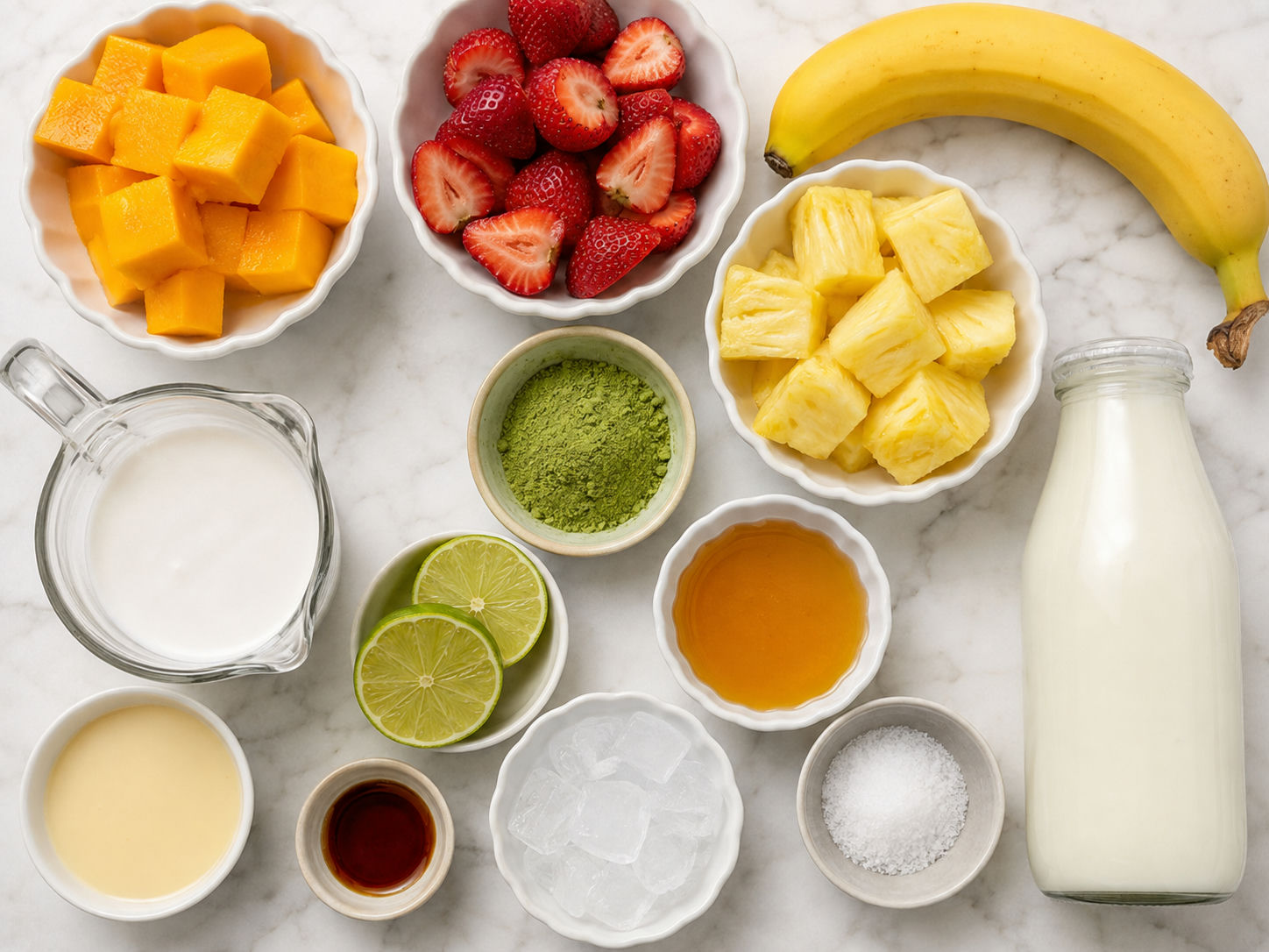 Fruit, milk, coconut milk, matcha, lime, honey, and ice for creamy refreshers