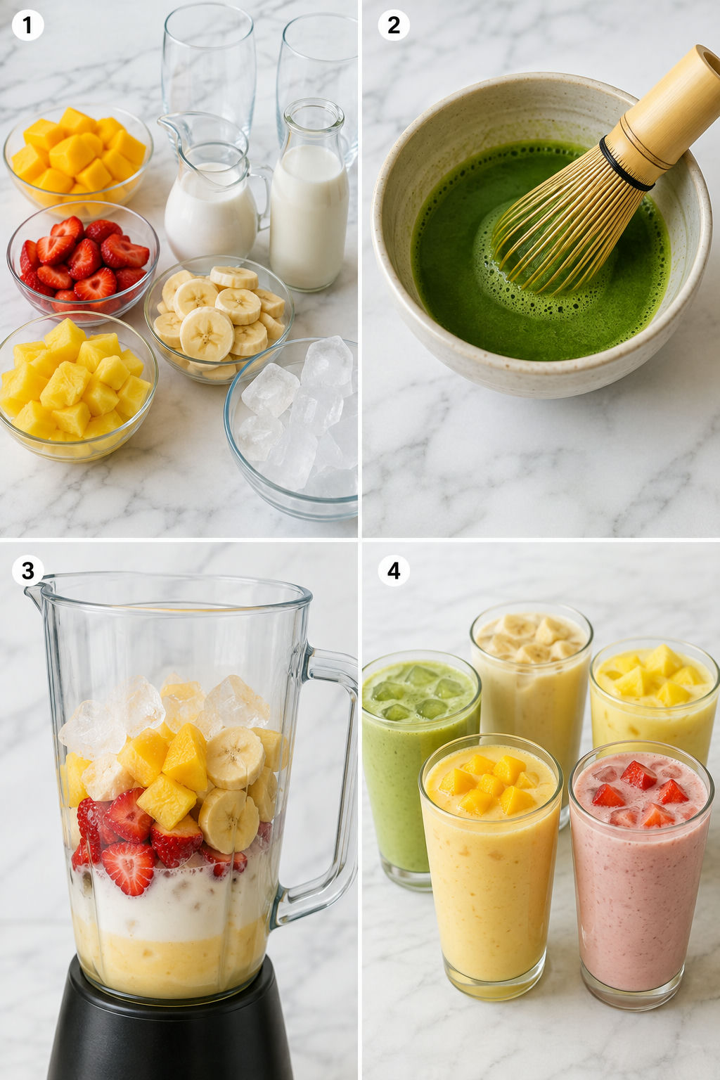 Four steps for making creamy fruit refresher drinks from prep to pouring