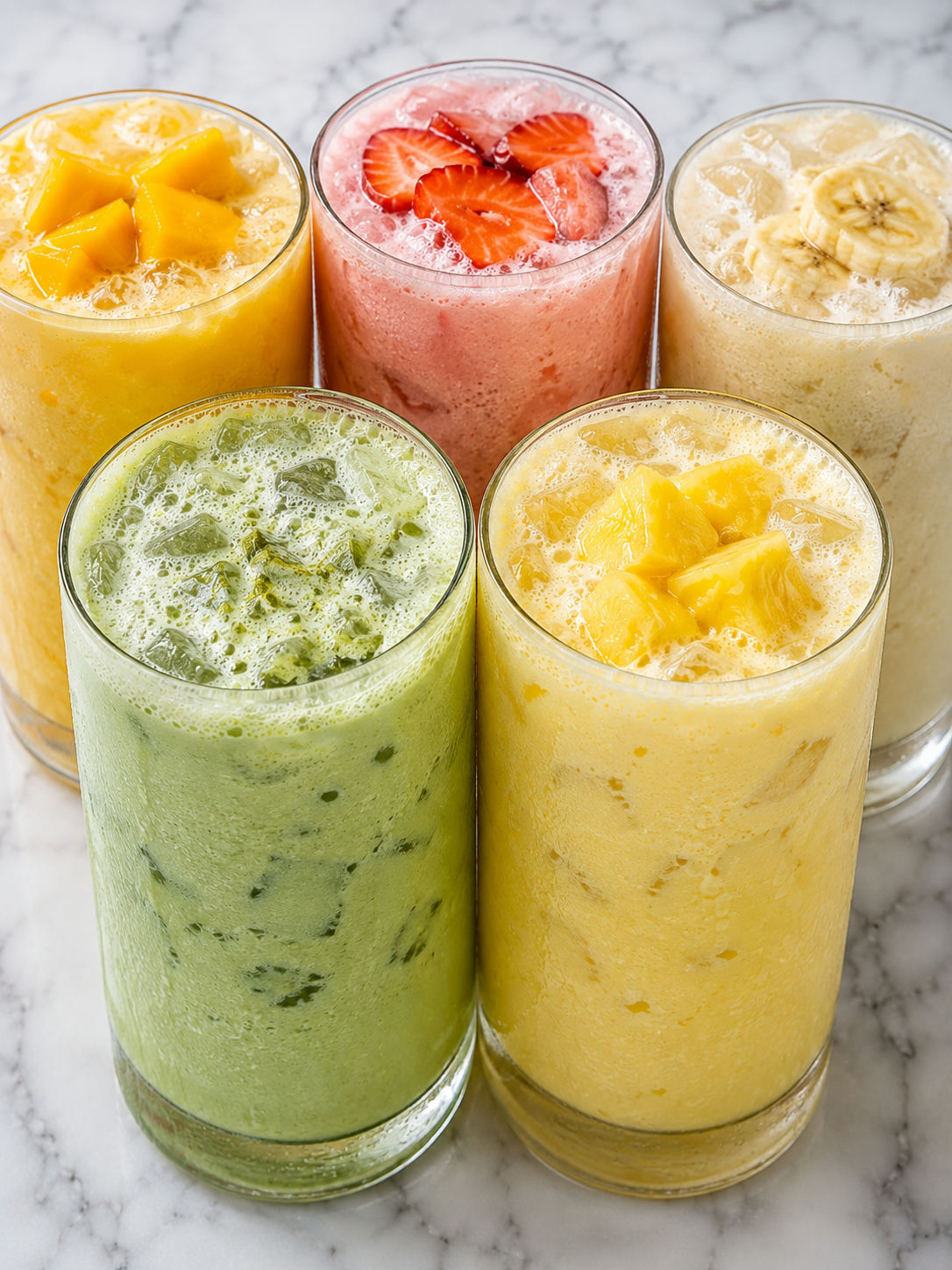 Five colorful creamy refresher drinks with ice, fruit, and frothy tops