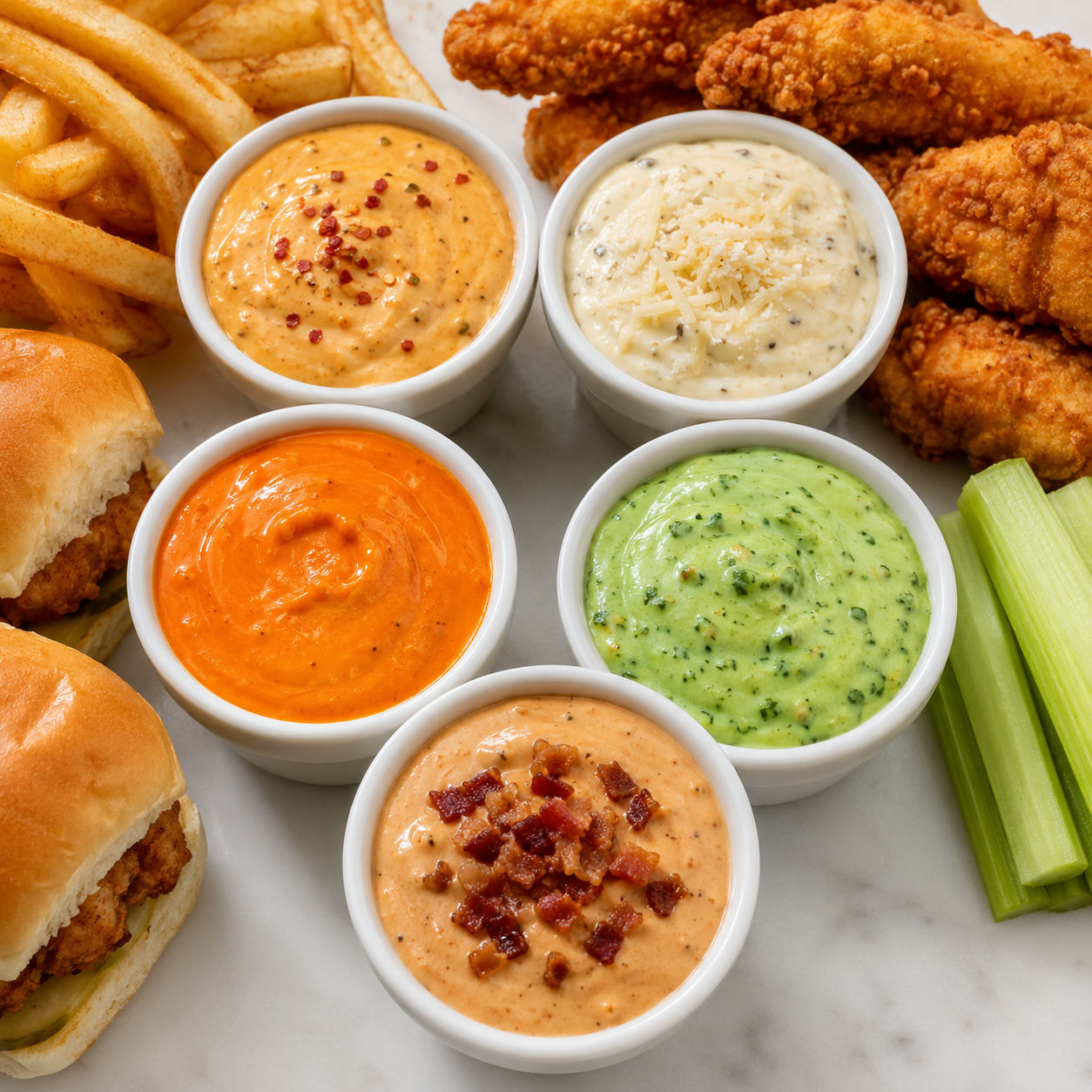 Five creamy dipping sauces with fries, tenders, celery, and sliders