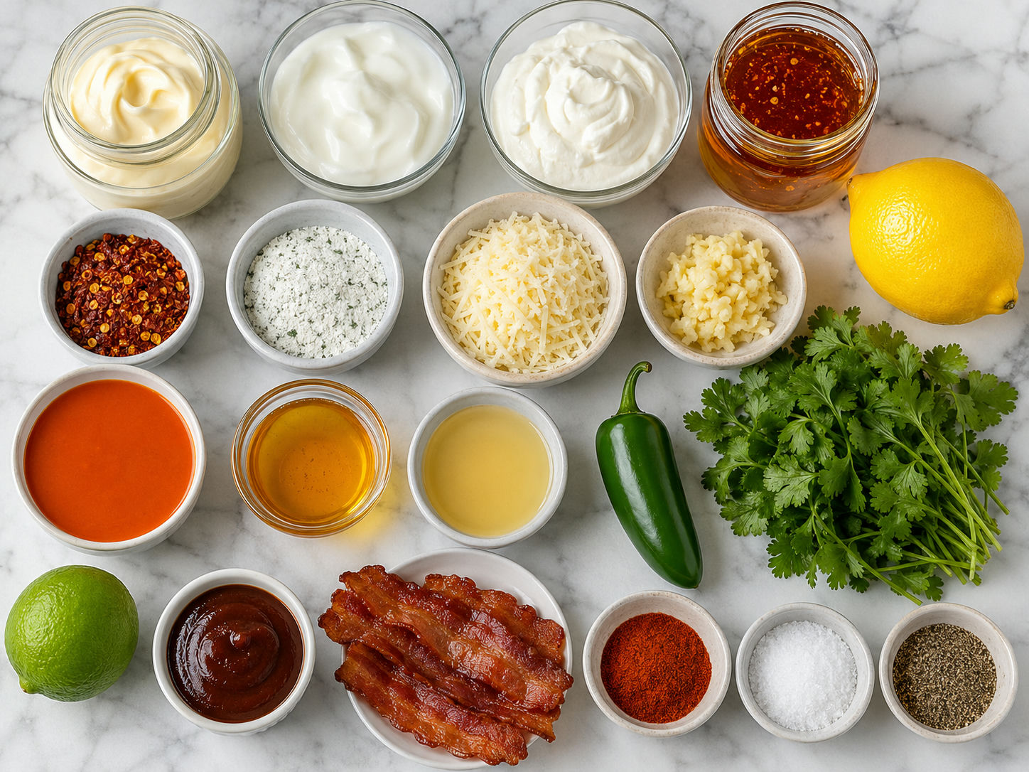 Ingredients for five creamy sauces arranged on a wooden surface
