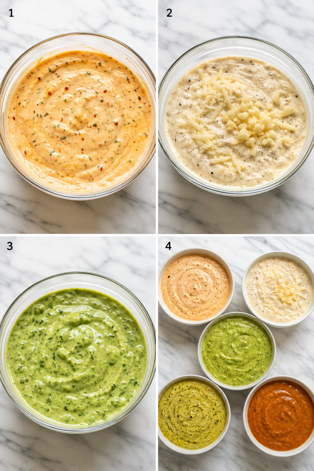 Four steps for mixing and blending five creamy dipping sauces