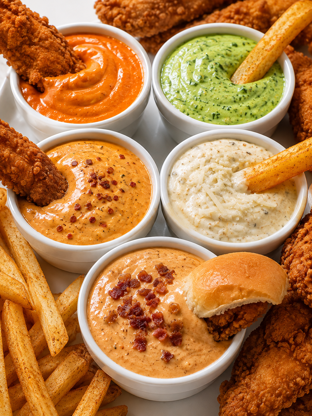 Five creamy dipping sauces with fries and crispy chicken tenders