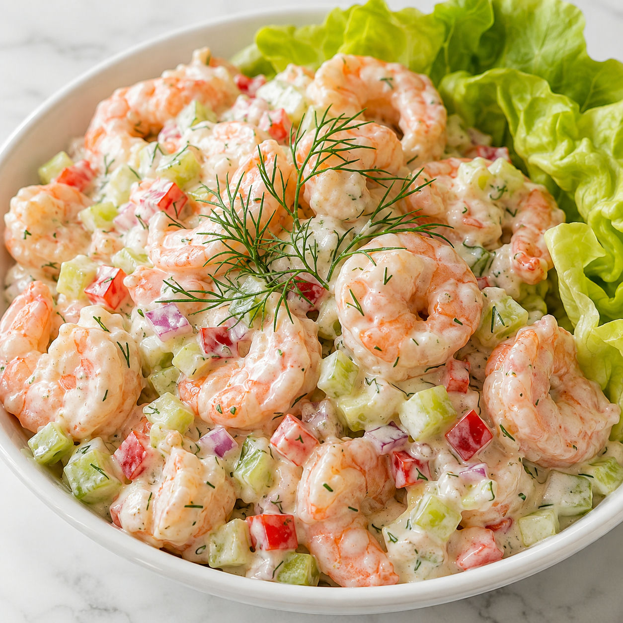 Creamy shrimp salad with dill, celery, red pepper, and lettuce