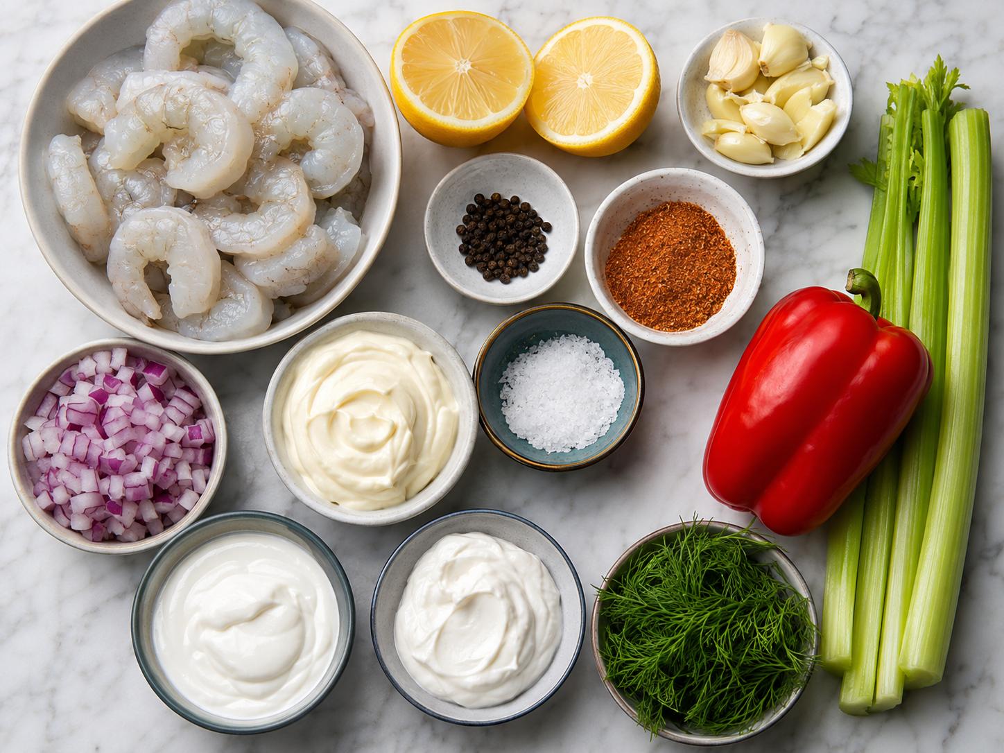 Ingredients for creamy shrimp salad with dill, lemon, and vegetables