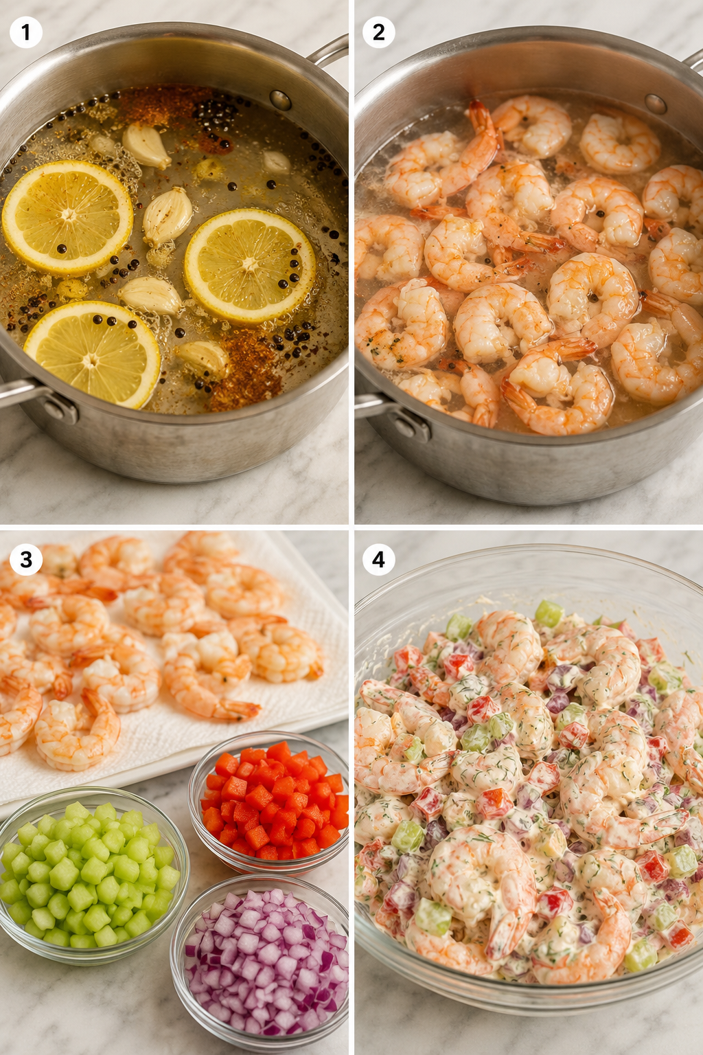 Four steps for poaching shrimp and folding creamy shrimp salad