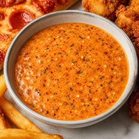 Creamy hot honey chili ranch dip with sesame and herbs in a bowl