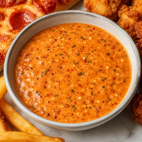 Creamy hot honey chili ranch dip with sesame and herbs in a bowl