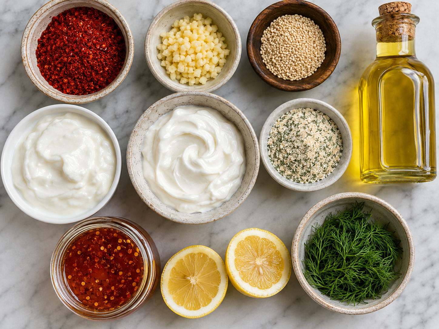 Ingredients for hot honey chili ranch with yogurt, gochugaru, garlic, and honey