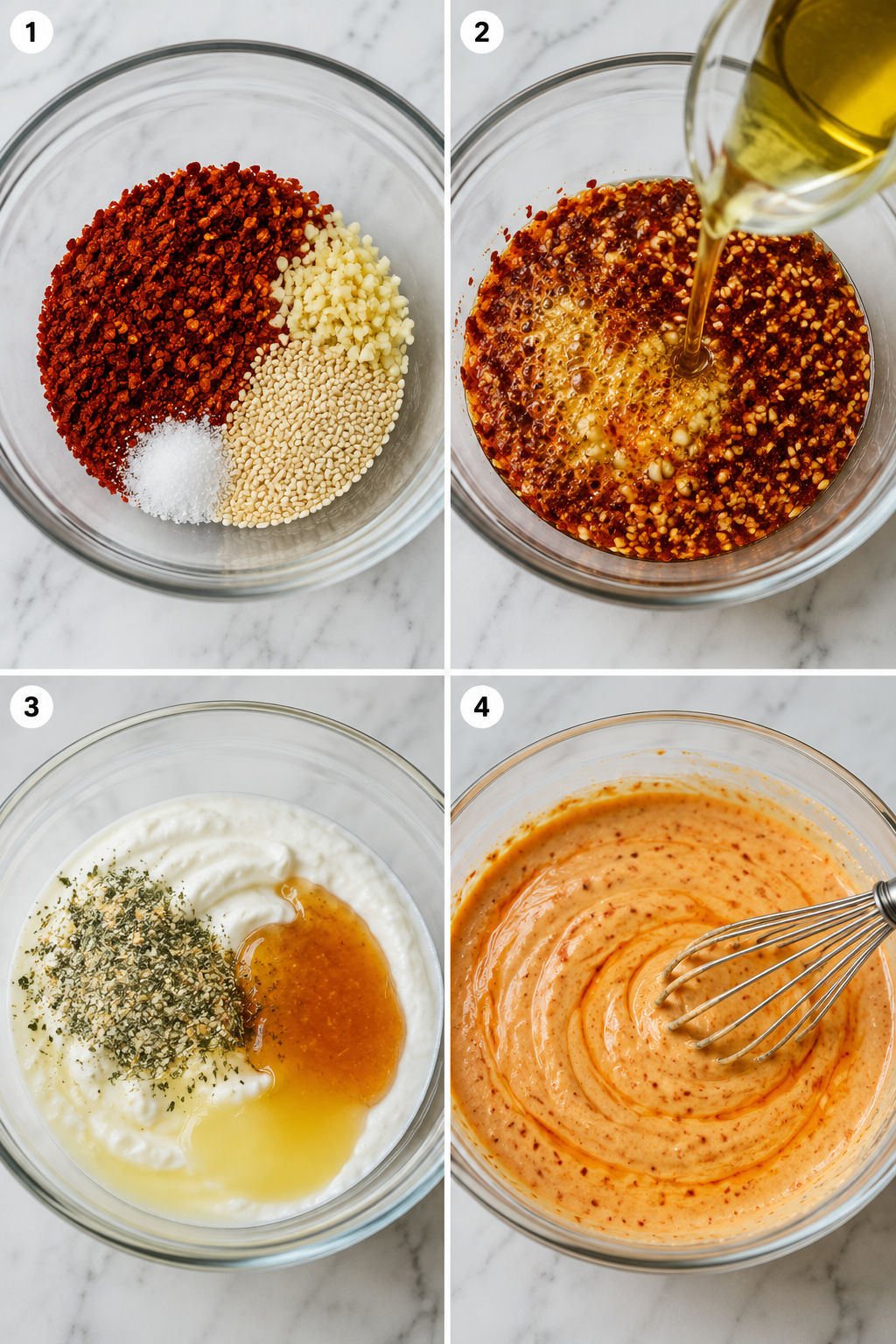 Four steps for making hot honey chili ranch from chile oil to creamy dip