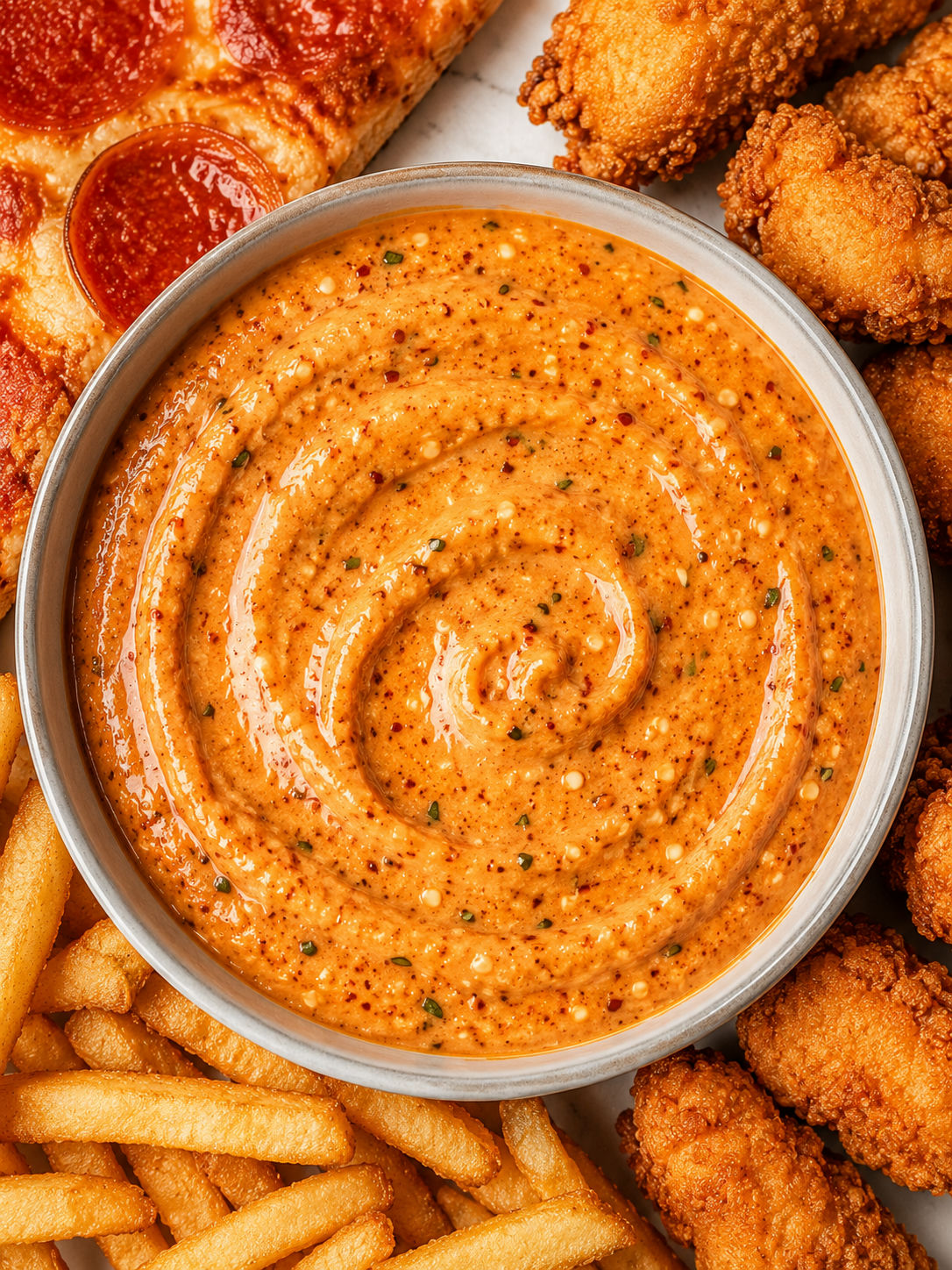 Hot honey chili ranch dip with fries, chicken bites, and pizza crust