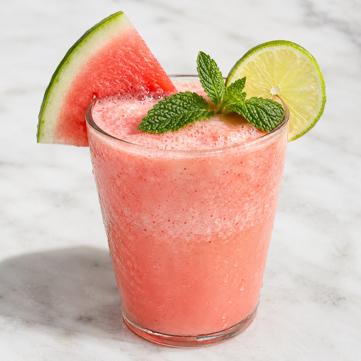 Creamy watermelon yogurt drink with mint and lime in chilled glasses