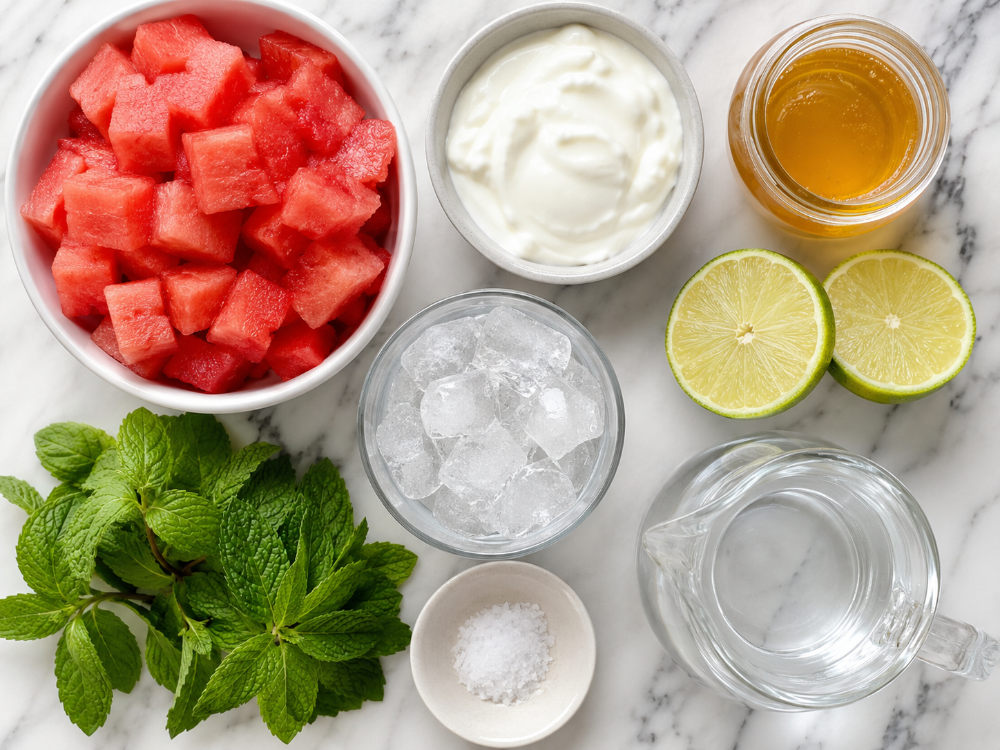 Watermelon, Greek yogurt, lime, honey, mint, ice, and salt on a table