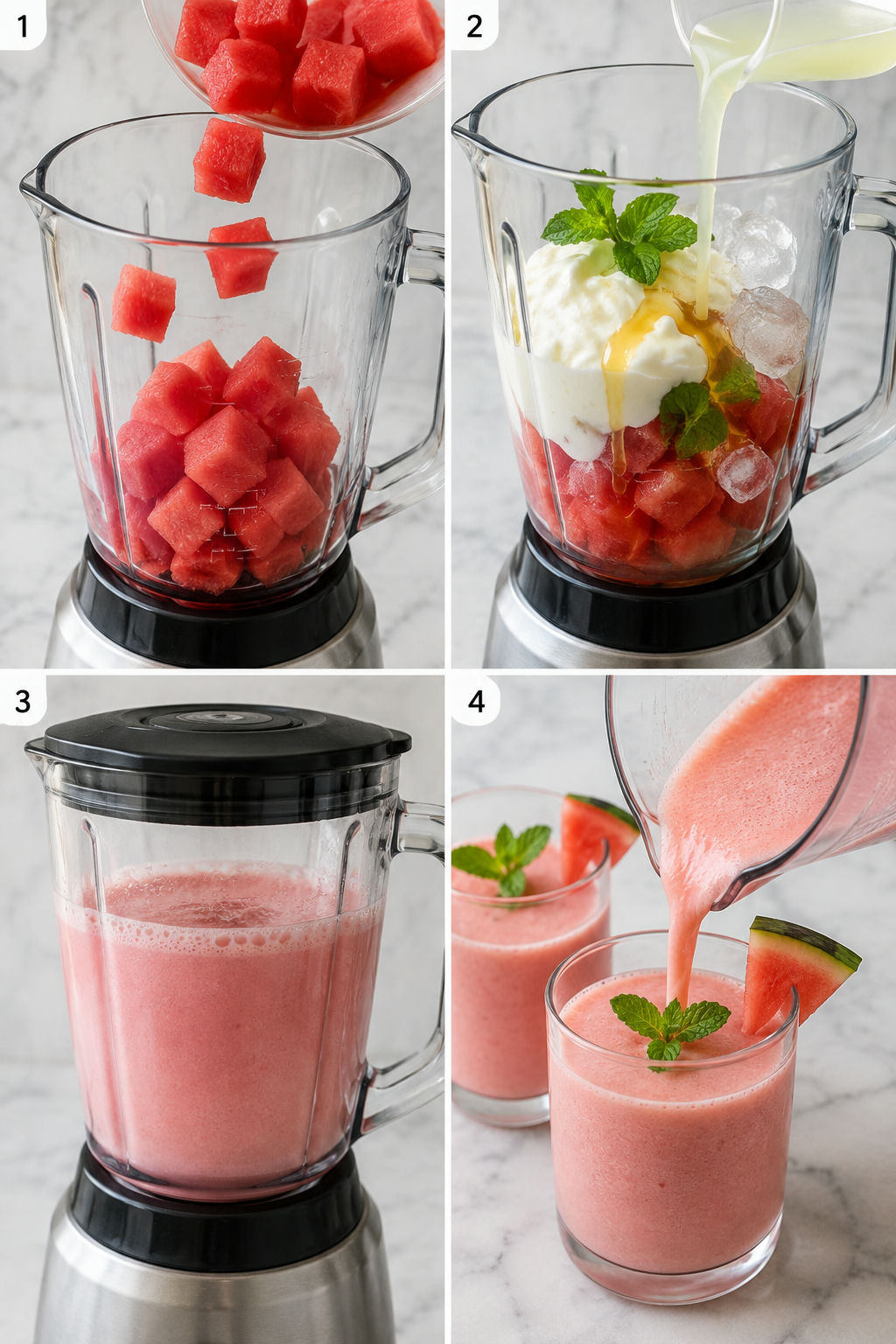 Four steps for blending a watermelon yogurt drink