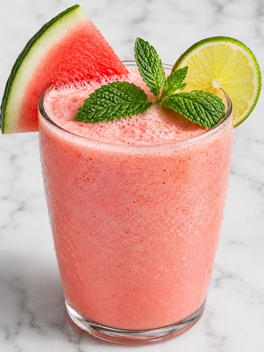 Creamy watermelon yogurt drink with mint in a tall frosty glass