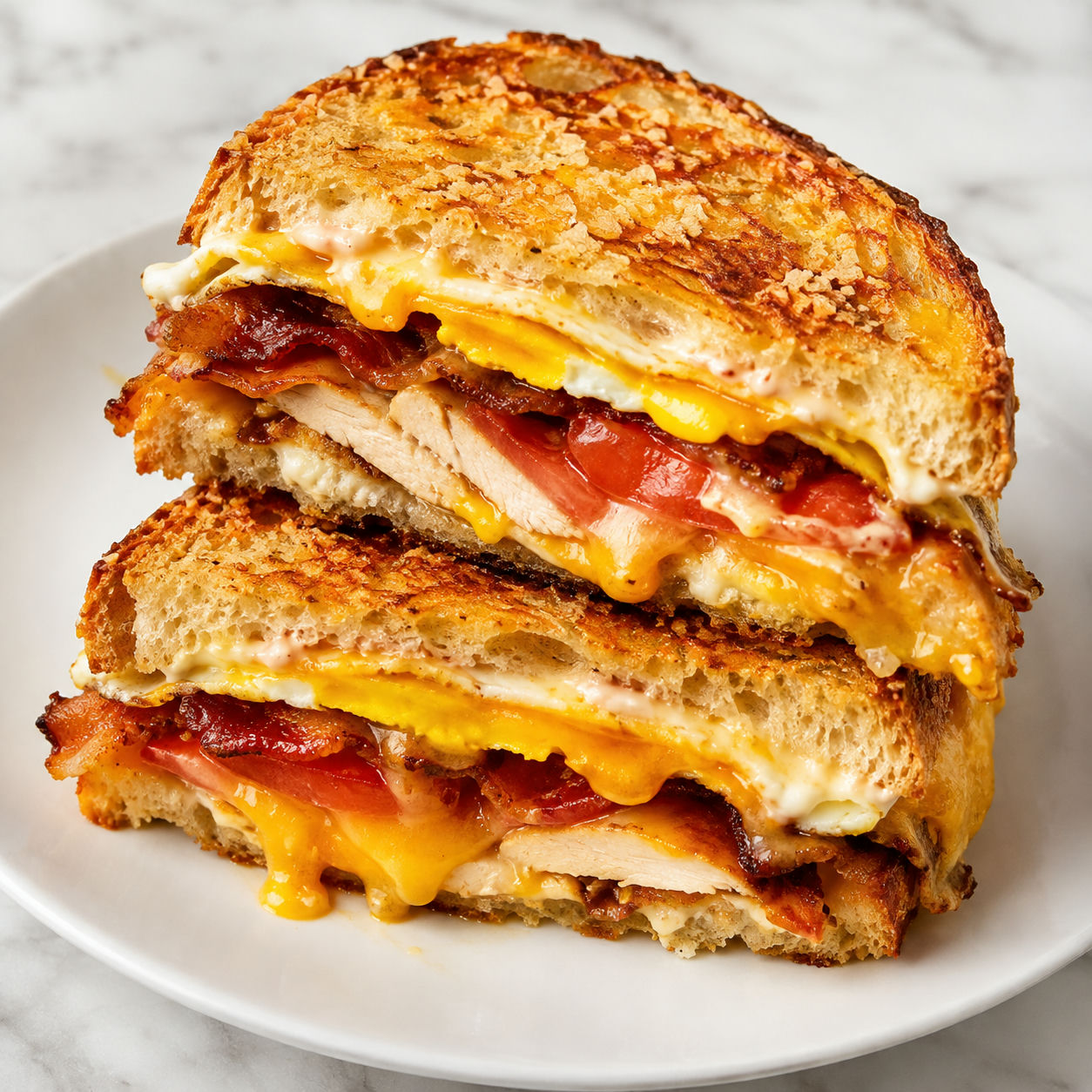 Crispy breakfast sandwich with egg, bacon, tomato, and melted cheese